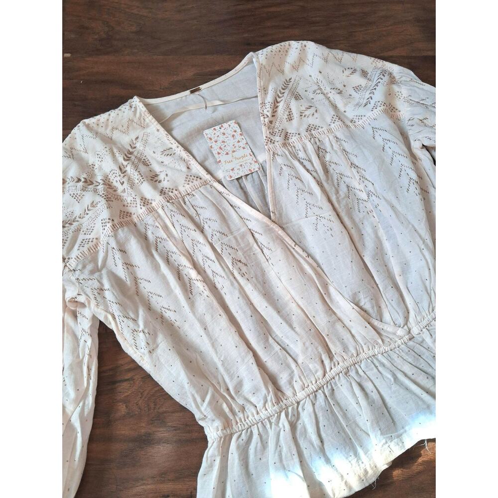 Free People Counting Stars Blouse Snowy Sand Peasant Boho Cream Gold Size XS